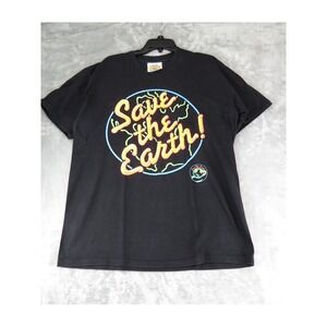 Vintage Save The Earth XL Men Graphic T-Shirt Black Neon Globe Environmental 90s
